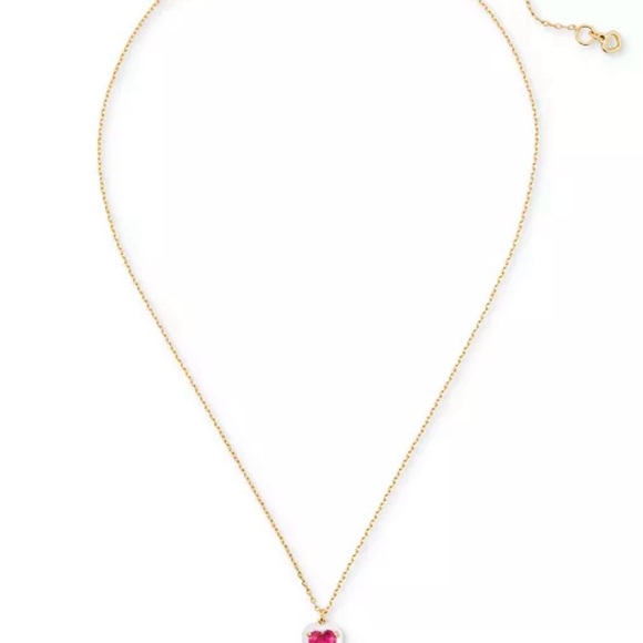 Kate Spade Gold-Tone White-Framed Red Crystal Heart Pendant Necklace, 16" + 3" - Picture 2 of 3